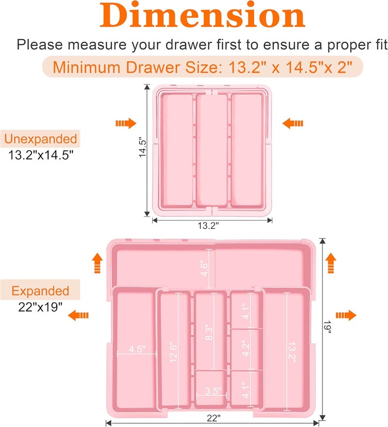 Spaclear Large Utensil Drawer Organizer Expandable Silverware Organizer for Kitchen Drawer Adjustable Cooking Utensil Holder Cutlery Flatware Tray Spatula Tools Gadgets Storage Dividers Plastic Pink - Image 4